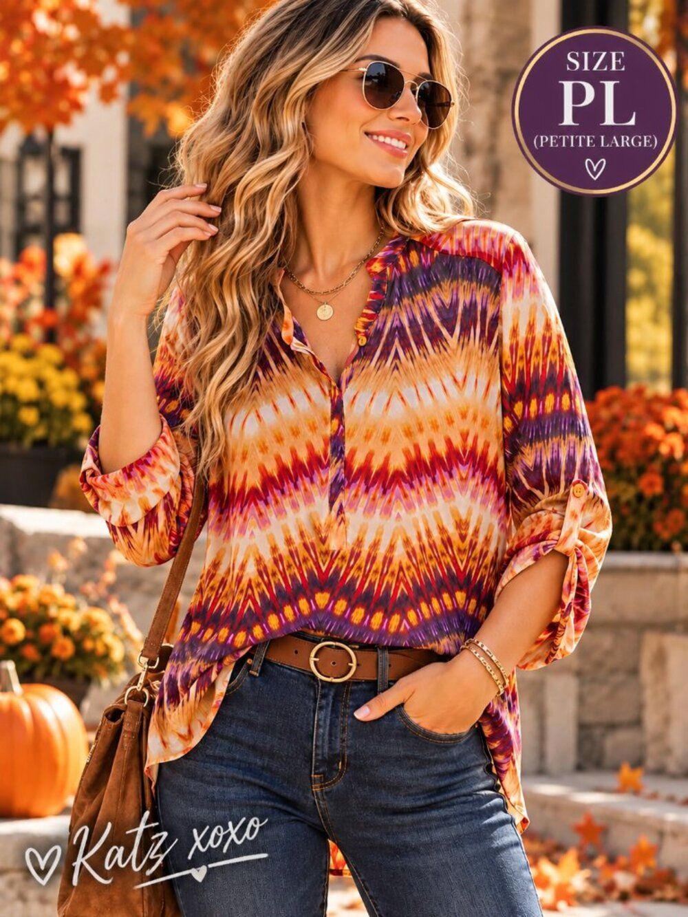 a.n.a Petite Geometric Ikat Print Blouse Orange Purple Roll Tab Sleeve PL Boho